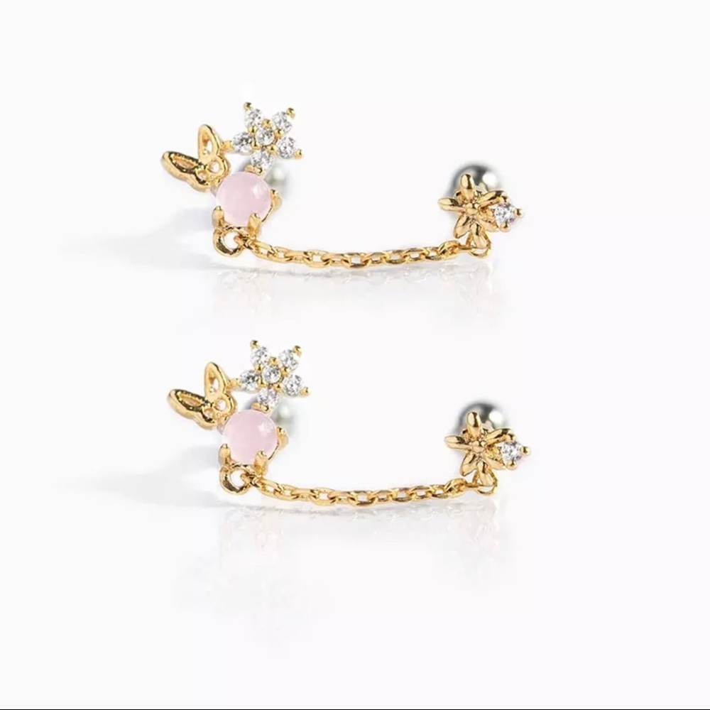 Pink Crystal Ball Floral Garden Butterfly Gold Pierced Drop Chain Earrings 2pc - Picture 9 of 10